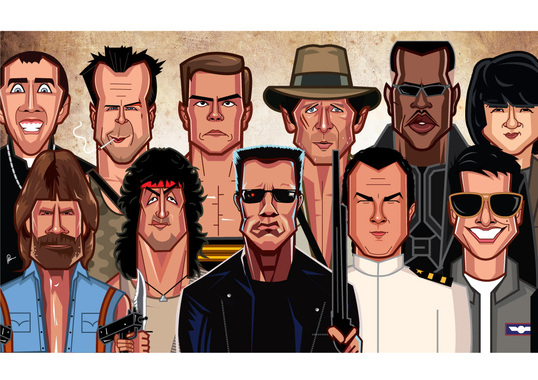 80s 90s action heroes caricature wall art featuring Terminator Rambo and Top Gun Maverick