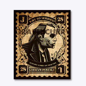 Why So Serious Stamp Wall Art featuring a detailed woodcut-style Joker-inspired illustration