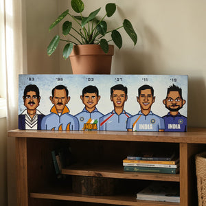 Indian World Cup captains caricature wall art by Prasad Bhat featuring legendary cricket leaders