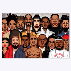 World of Hip Hop caricature wall art featuring legendary rap icons