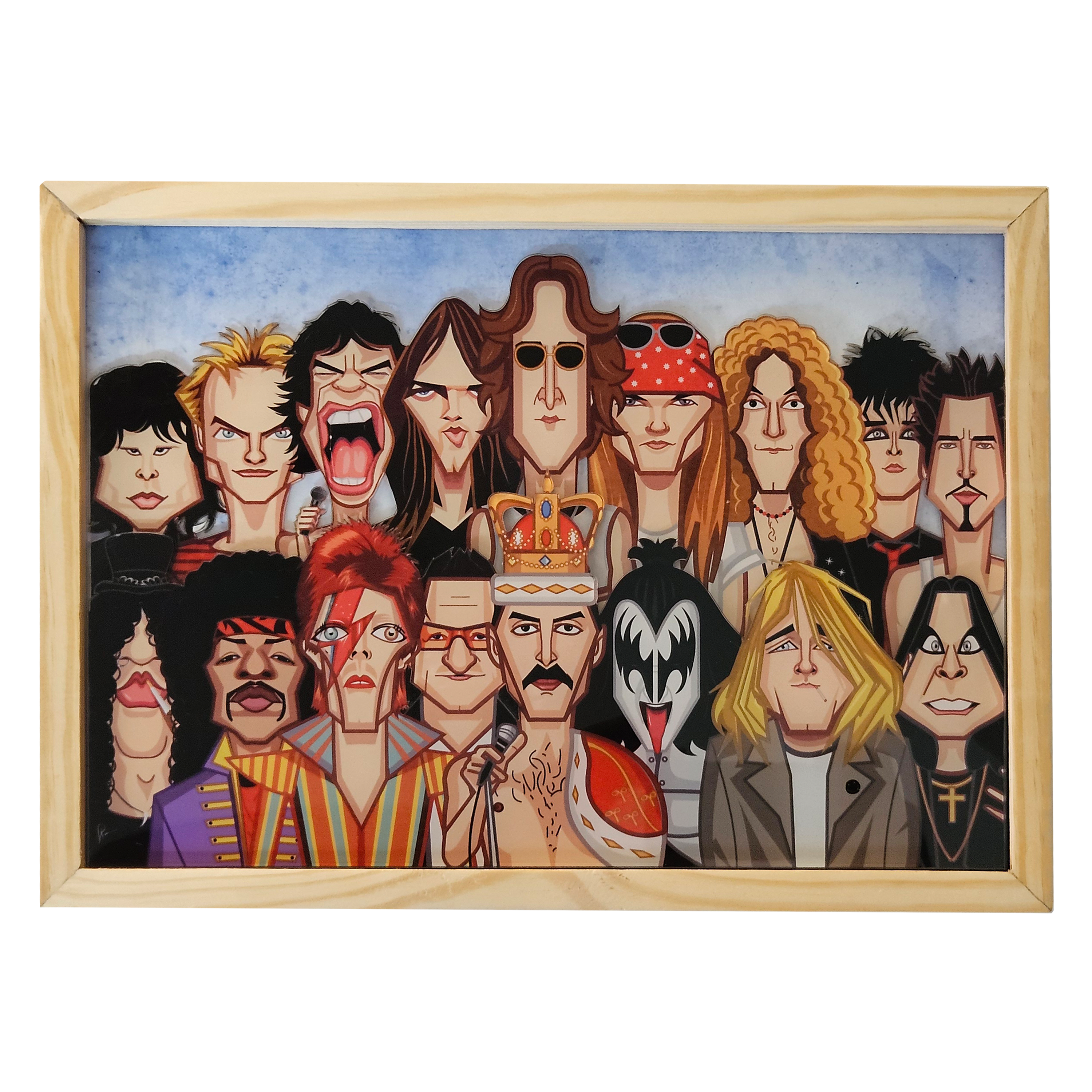 World of Rock acrylic frame featuring legendary rock musicians caricature art