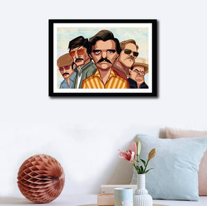 Wall decor with Framed Caricature Art Poster of Narcos Television Series. Vector Art by Prasad Bhat showing the entire cast of the show in their caricature form.