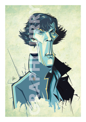 Poster of Sherlock Tribute artwork by Prasad Bhat. A slender pose of Sherlock looking into the front with his usual charming appeal and a grey trench coat.