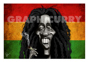 Bob Marley Poster Art by Prasad Bhat. Image shows Marley smiling away with his favorite substance of choice against the famous tricolor band of red, yellow and green.