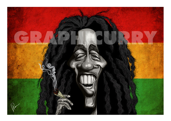 Bob Marley Framed Poster Art by Prasad Bhat. Image shows Marley smiling away with his favorite substance of choice against the famous tricolor band of red, yellow and green.