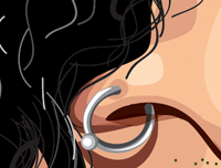 Caricature Art Poster of Slash. Image shows zoomed in close up of his nose ring 