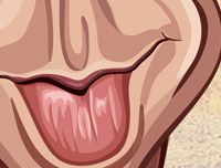 Zoomed in image of the details of Ross's lips in caricature art by Prasad Bhat