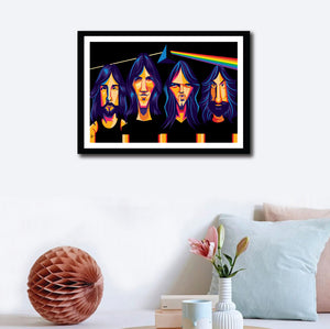 Framed Poster of Pink Floyd on a wall decor. Caricature art by Prasad Bhat. Image shows the four band members looking straight ahead in a black prismatic backdrop with psychedelic colors.