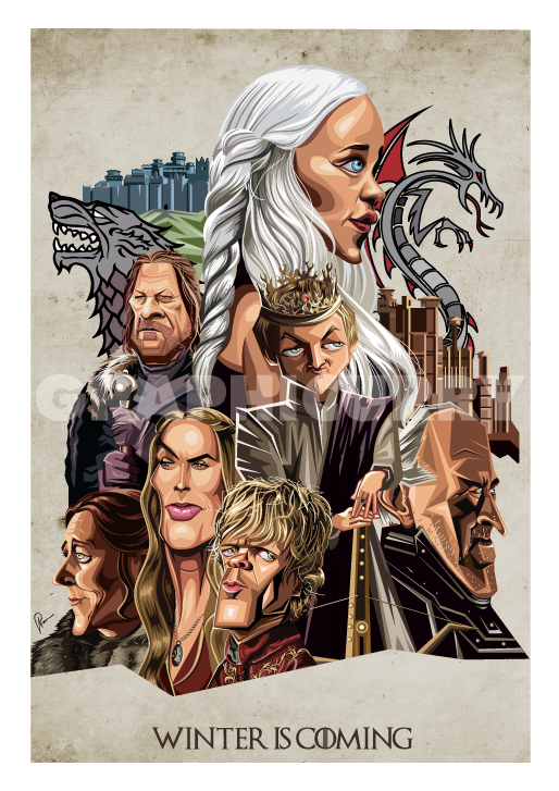 Framed Game of Thrones Poster. Caricature Art by Prasad Bhat showcasing all the lead characters in a detailed composition.