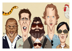 Hangover Movie Poster. Fan art of Hangover by Prasad Bhat, a blend of hilarious and sinister comedy Starring Phil (Bradley), Stu (Ed), Doug (Justin), Alan (Zach) and The Chinese Guy. Image shows them looking straight ahead being their own peculiar goofy selves.