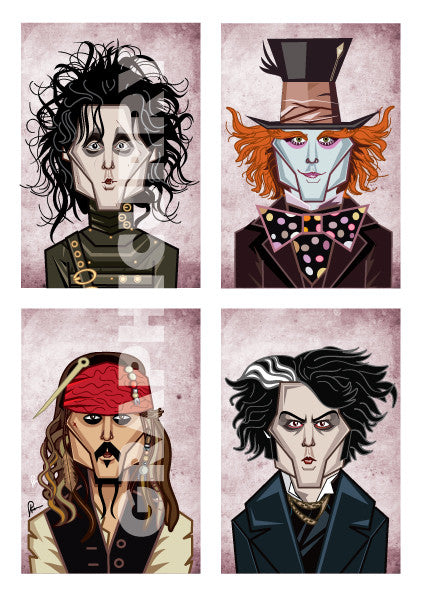 Framed Visual of Poster showing Johnny Depp in his eccentric characters in 'Alice In The Wonderland', 'Edward Scissor Hands', 'Sweeney Todd', 'Pirates Of The Caribbean' and 'Charlie And The Chocolate Factory'. Art by Prasad Bhat