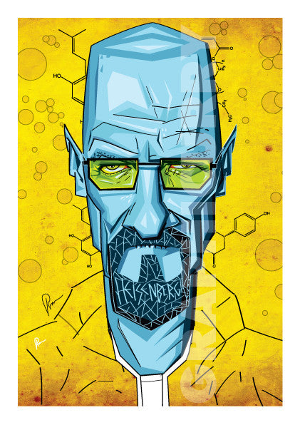 Vibrant Yellow and Blues make this Breaking Bad Artwork stand out. Vector Style Caricature by artist Prasad Bhat.