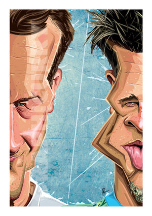 Poster of Fight Club in caricature art by Prasad Bhat. Image shows half the face of both Brad Pitt and Edward Norton, in line with the core theme of the movie.