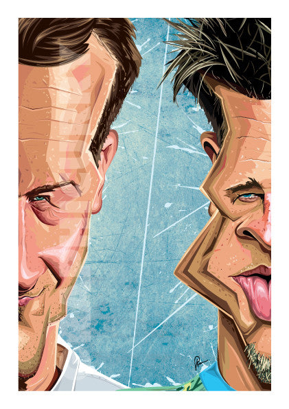 Framed Poster of Fight Club in caricature art by Prasad Bhat. Image shows half the face of both Brad Pitt and Edward Norton, in line with the core theme of the movie.