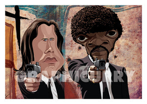 Poster of Pulp Fiction art by Prasad Bhat. Caricature Vector illustrative style shows Jules and Vincent pointing their guns out from the legendary scene from the movie.