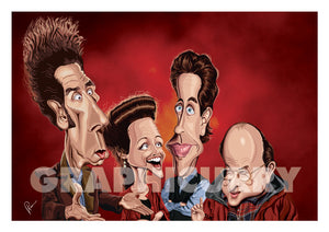 Poster of Seinfeld Tribute art by Prasad Bhat. Caricature Vector illustrative style showing all the four leads of the show in a candid moment.