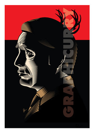 Poster of Hannibal. The image shows the lead actor in his side profile against a predominantly red and black background, with Stag Horns in the background composition.
