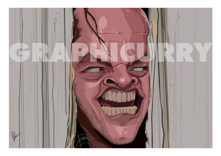 Framed Caricature Art Poster of famous scene from movie "Shining" . Jack Nicholson popping his head out of the axed door creepily saying "Here's Johnny"