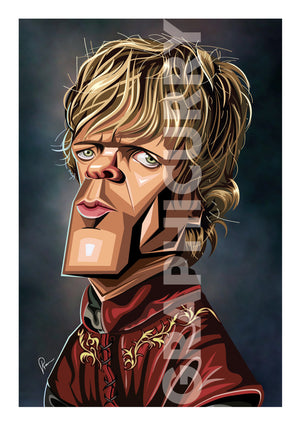 Poster of TV Character Tyrion in caricature tribute art by Prasad Bhat. Image shows him standing sideways and looking to the front. He is in his royal attire and with his golden hair looking grim. 
