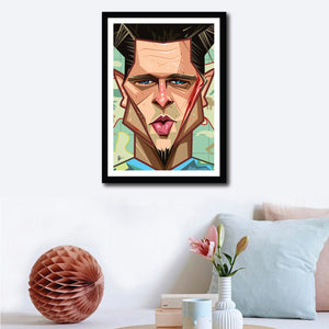 Wall decor with framed Caricature Art of Brad Pitt by artist Prasad Bhat with him staring to the front with his deep eyes. He has scar on his face that is bleeding. With subtle elements on the background and a blue tee, this piece is mesmerizing.