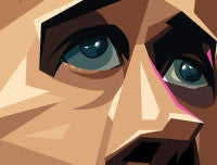 Closeup of Ryan Gosling's eyes in his caricature drawn with sharp lines and angular gradient elements . Artwork by Prasad Bhat
