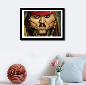 Visual of framed poster of The Pirate against a wall decor. Caricature Vector Illustration of Johnny Depp from The Pirate by Prasad Bhat.