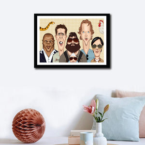 Framed Hangover Movie Poster. Fan art of Hangover by Prasad Bhat, a blend of hilarious and sinister comedy Starring Phil (Bradley), Stu (Ed), Doug (Justin), Alan (Zach) and The Chinese Guy. Image artwork hung as wall decor and the art shows them looking straight ahead being their own peculiar goofy selves.