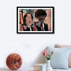 Framed visual wall decor of Pulp Fiction art by Prasad Bhat. Caricature Vector illustrative style shows Jules and Vincent pointing their guns out from the legendary scene from the movie.