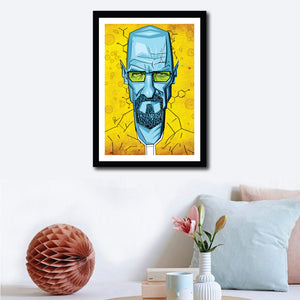 Visual of the artwork in the setup of a wall and home decor. Vibrant Yellow and Blues make this Breaking Bad Artwork stand out. Vector Style Caricature by artist Prasad Bhat.