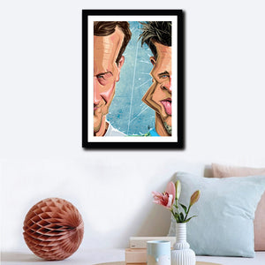 Framed Poster of Fight Club in caricature art by Prasad Bhat, hung as a wall decor. Image shows half the face of both Brad Pitt and Edward Norton, in line with the core theme of the movie.