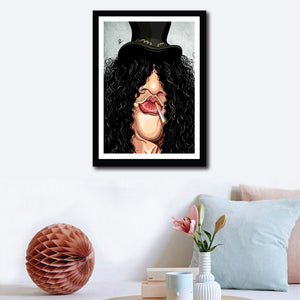 Wall decor with Framed Caricature Art Poster of Slash. Image shows him only part of his face with exaggerated impression of his hair covering most of his face. He is wearing a nose ring and has a cigarette hanging off his lips