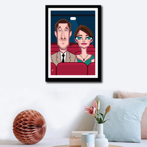 Visual of La La Land Poster Framed and hung on a pleasant wall decor.Art by Prasad Bhat. Vector Caricature Illustration of the Oscar winning cinema composition of LA LA Land. The image shows both the lead actors seated in a theater in a warm moment.