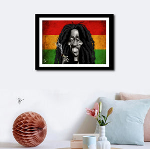 Bob Marley Poster Art by Prasad Bhat. Image shows Marley's framed artwork on a wall decor, with him smiling away holding his favorite substance of choice against the famous tricolor band of red, yellow and green.