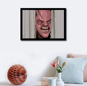 Wall decor with Framed Caricature Art Poster of famous scene from movie "Shining" . Jack Nicholson popping his head out of the axed door creepily saying "Here's Johnny"