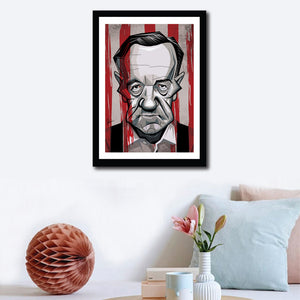 Wall decor of Framed Frank Underwood Poster portrayed by Kevin Spacey. Caricature Art Tribute by Prasad Bhat. Image shows him staring right on with his grim eyes and a bloody backdrop.