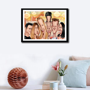 Friends Framed Poster on a wall decor. Caricature Art by Prasad Bhat showing the six friends looking candid in this colorful poster looking straight ahead.
