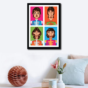 Framed visual on a wall in Home Decor setup of Beatles Tribute Artwork by artist Prasad Bhat. This style shows the four band members in colorful blocks vertically placed aesthetically.