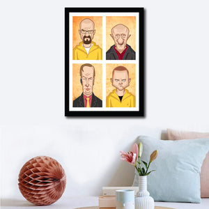 Framed Visual of Breaking Bad Poster on a pleasant wall decor. Tribute Fan Art in Caricature Style by Prasad Bhat. Image shows vertical block composition of the four lead characters of the show.