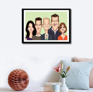Wall Decor of Framed How I Met Your Mother poster.Caricature art tribute by Prasad Bhat. Image shows the five lead characters looking straight forward with their usual candid smiles. Barney is adjusting his yellow duck tie.