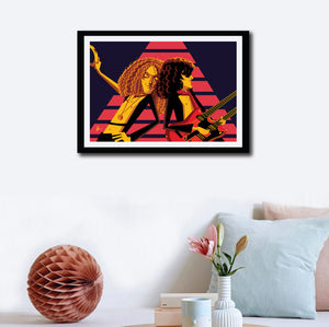 Led zeppelin artwork with the band members playing "Stairway to Heaven". Pop art by Prasad Bhat. Image shows the wall decor of the framed art in which band members in a trance playing the legendary gig.
