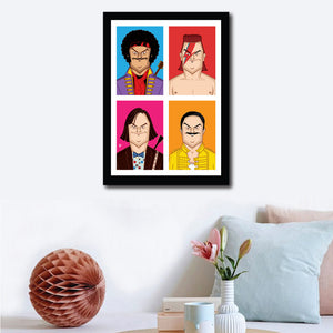Wall decor of Framed Jack Black Poster by Prasad Bhat. Image shows four avatars of the actor in vibrant blocks. It has him dressed as Jimi Hendrix, Freddie mercury, David Bowie and himself!