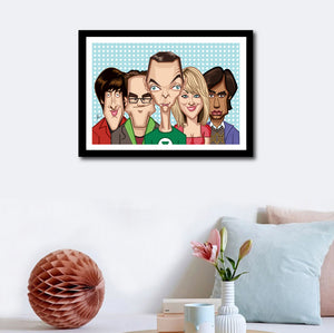 The image shows visual of Framed Artwork on a home decor setup. The tribute caricature artwork of Big Bang Theory in Vector Style Illustration by Prasad Bhat. The image shows the five lead characters.