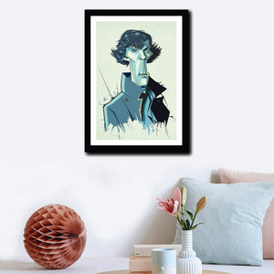 Framed poster of Sherlock Tribute artwork by Prasad Bhat on a beautiful wall decor. A slender pose of Sherlock looking into the front with his usual charming appeal and a grey trench coat.