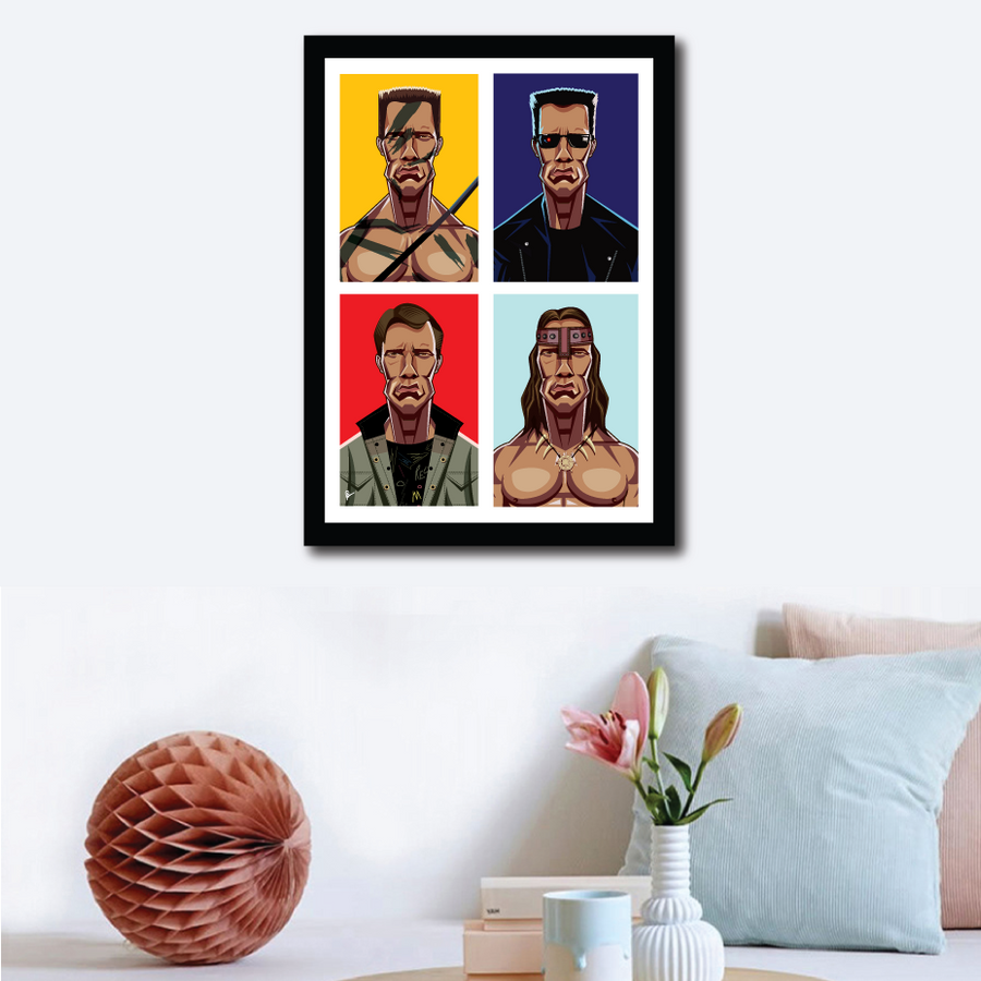 Framed Caricature Art Poster of Arnold Schwarznegger. Image shows the colorful composition in blocks with four of his avatars from Terminator 80s, 90s , Conan and Commando.