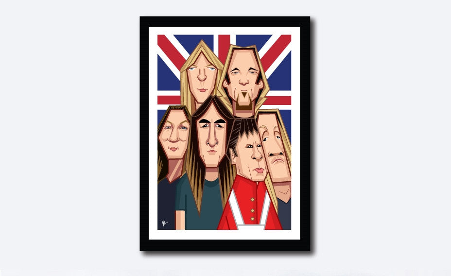 Framed Caricature Art Poster of Iron Maiden Band. Fan art by Prasad Bhat shows all the six band members in a snug composition in front of the back drop of a British Flag. 