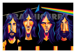 Poster of Pink Floyd. Caricature art by Prasad Bhat. Image shows the four band members looking straight ahead in a black prismatic backdrop with psychedelic colors.