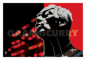 Poster of David Gilmour. Caricature art by Prasad Bhat. Image shows the artist in a performing moment with a angular view of his face. The artwork is predominantly composed with red and black colors and his guitar strap is visible on the corner.