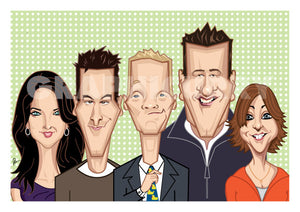 How I Met Your Mother poster.Caricature art tribute by Prasad Bhat. Image shows the five lead characters looking straight forward with their usual candid smiles. Barney is adjusting his yellow duck tie.