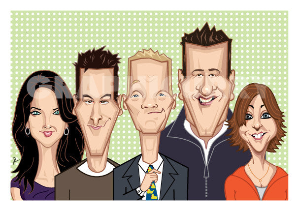 Framed How I Met Your Mother poster.Caricature art tribute by Prasad Bhat. Image shows the five lead characters looking straight forward with their usual candid smiles. Barney is adjusting his yellow duck tie.