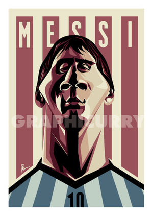 Caricature Art Poster of Messi by Prasad Bhat. Argentine Footballer looking forward with his determined eyes and his football jersey against the backdrop of rugged lines and his name etched on them.